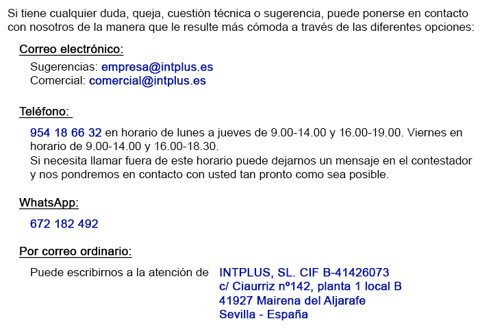 Datos de contacto intplus: dirección, telefóno, fax y correo electrónico. 